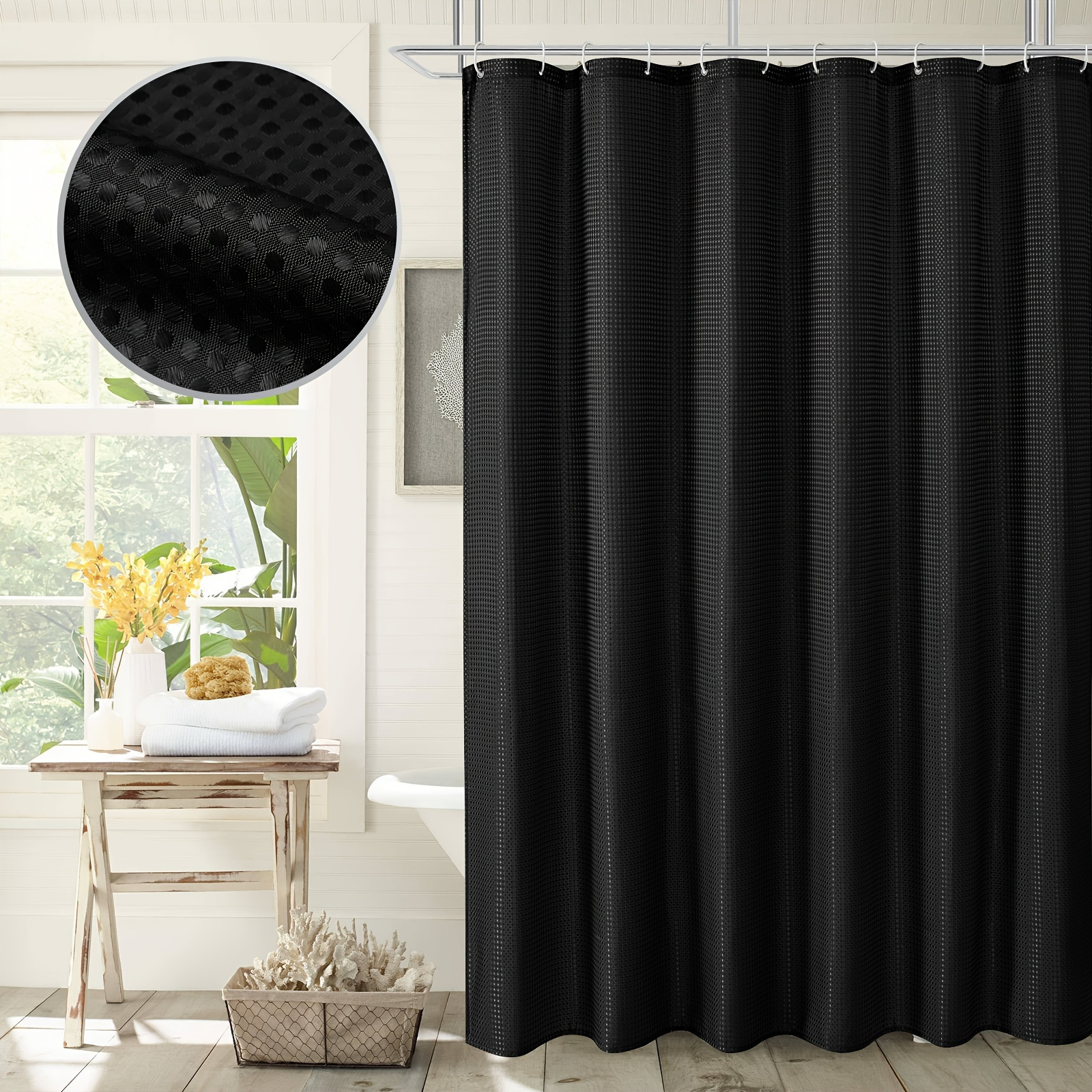 

1pc Black Waffle Weave Fabric Shower Curtain, Waterproof Soft Cloth Bathroom Decor With 12 Plastic Hooks, Machine Washable, Durable, 71x71 Inches Bath Accessory