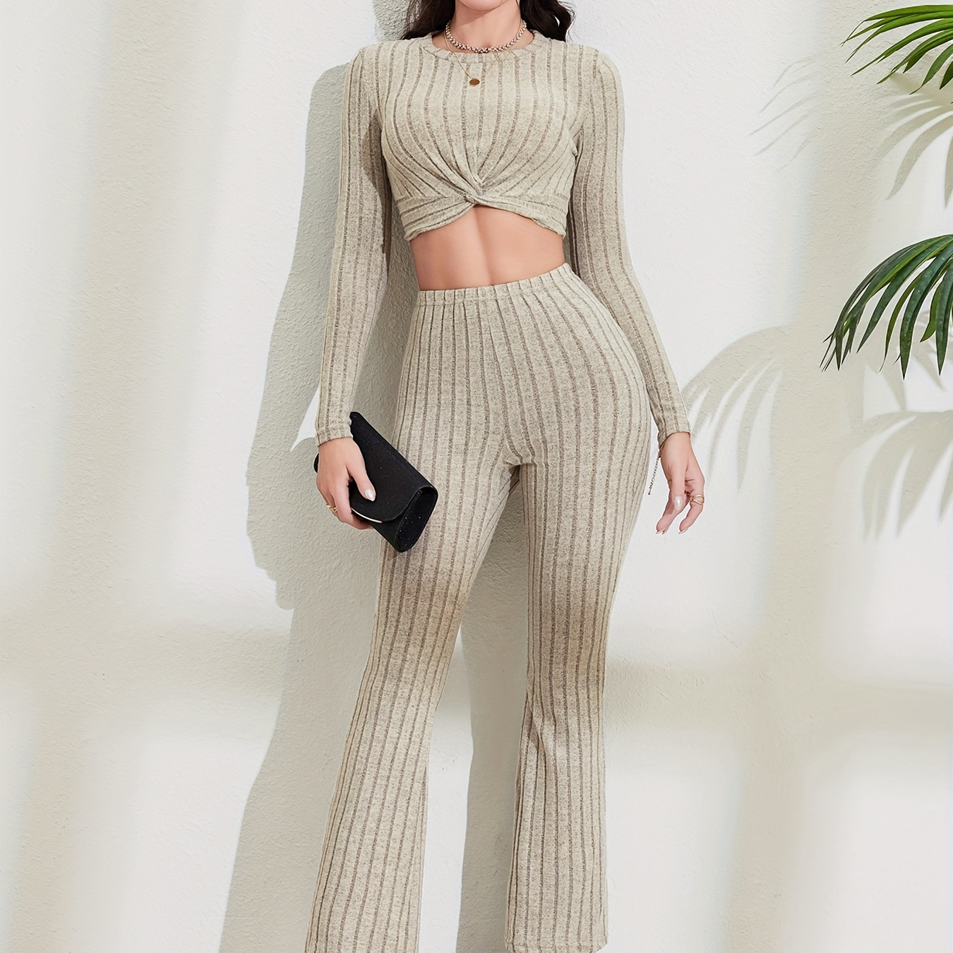 

Ribbed Casual Two-piece Set, Twist Crew Neck Long Sleeve Top & Pants Outfits, Women's Clothing