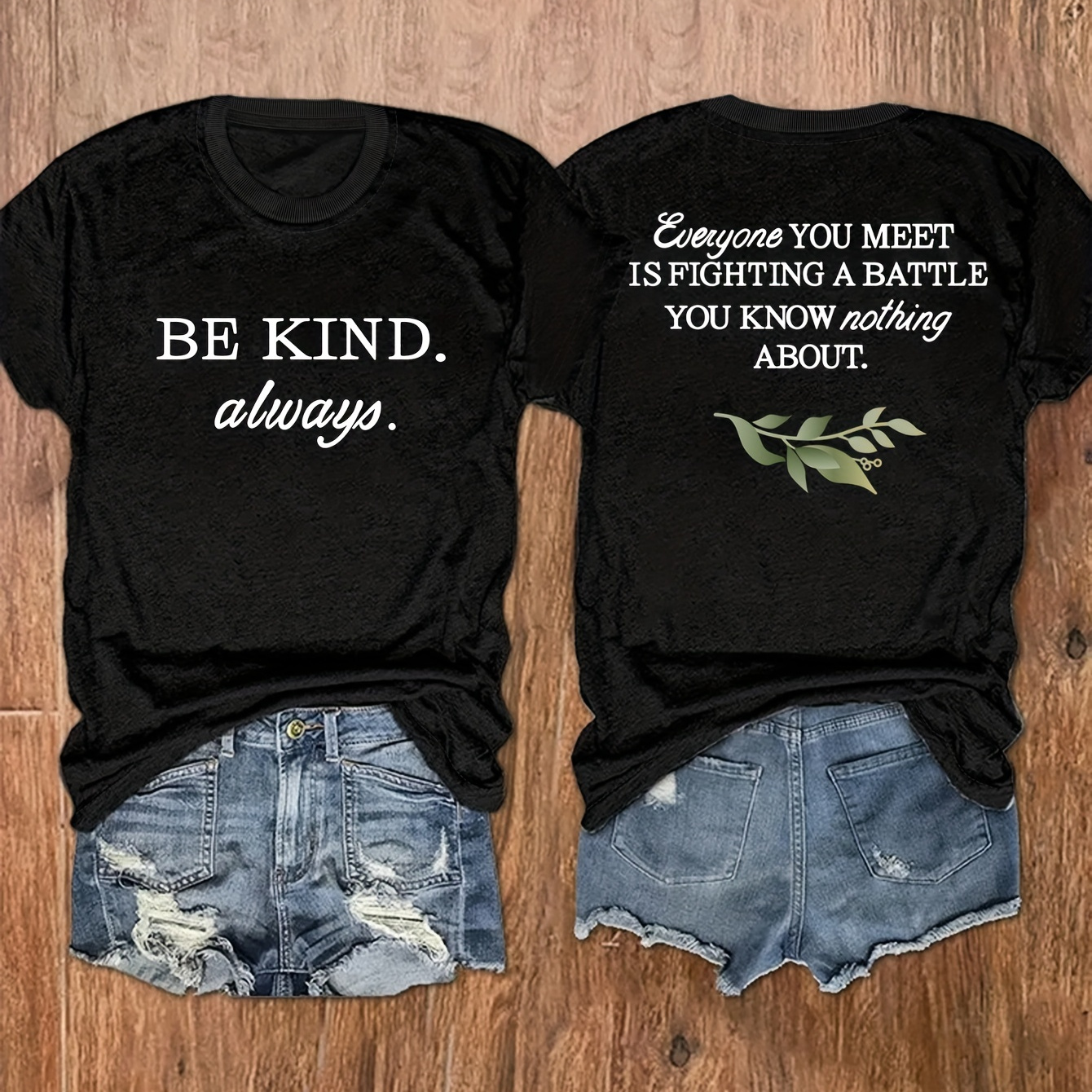 

Plus Size Casual T-shirt, Women's Plus Leaf & Slogan Print Short Sleeve Round Neck T-shirt