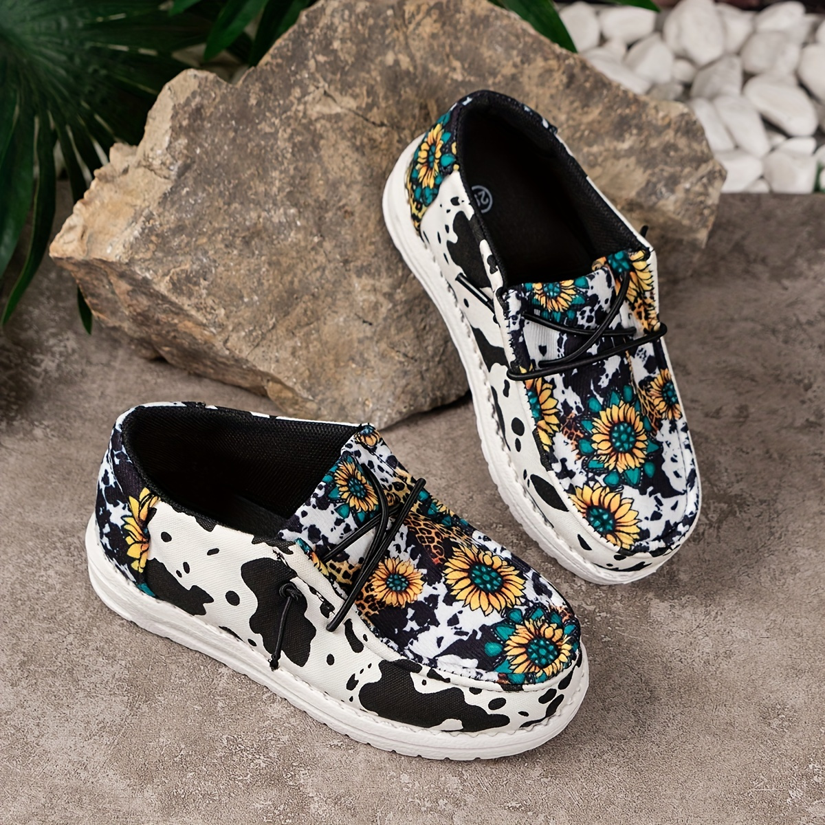 Women's Sunflower Cow Print Canvas Shoes Flat Slip Shoes - Temu Canada