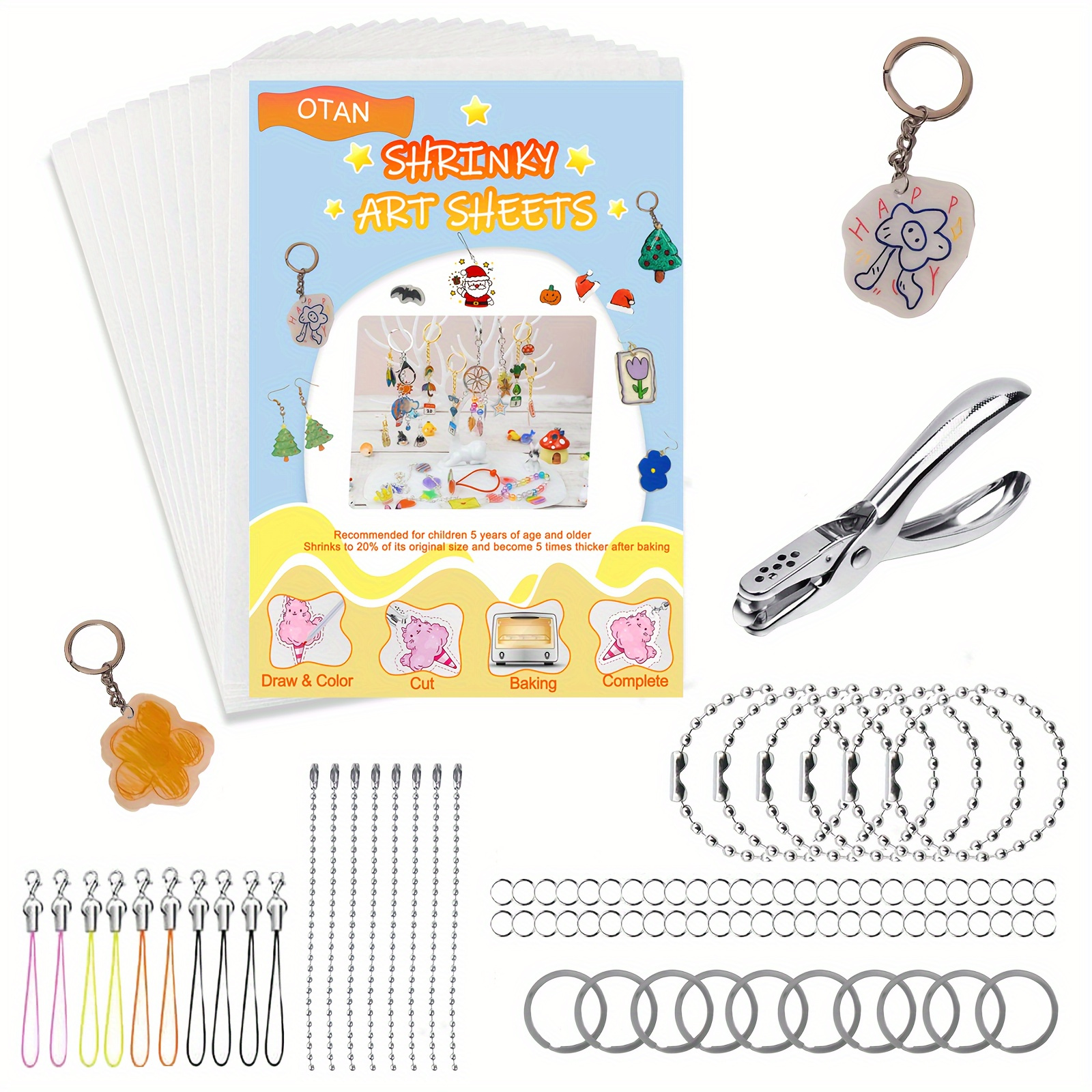 

Shrink Plastic Sheets Kit For Shrinky Dink Craft Making, 122pcs Shrink Art Kit Include 16 Pcs Shrink Film Paper With 106pcs Keychains, Hole Punch Accessories For Creative Craft