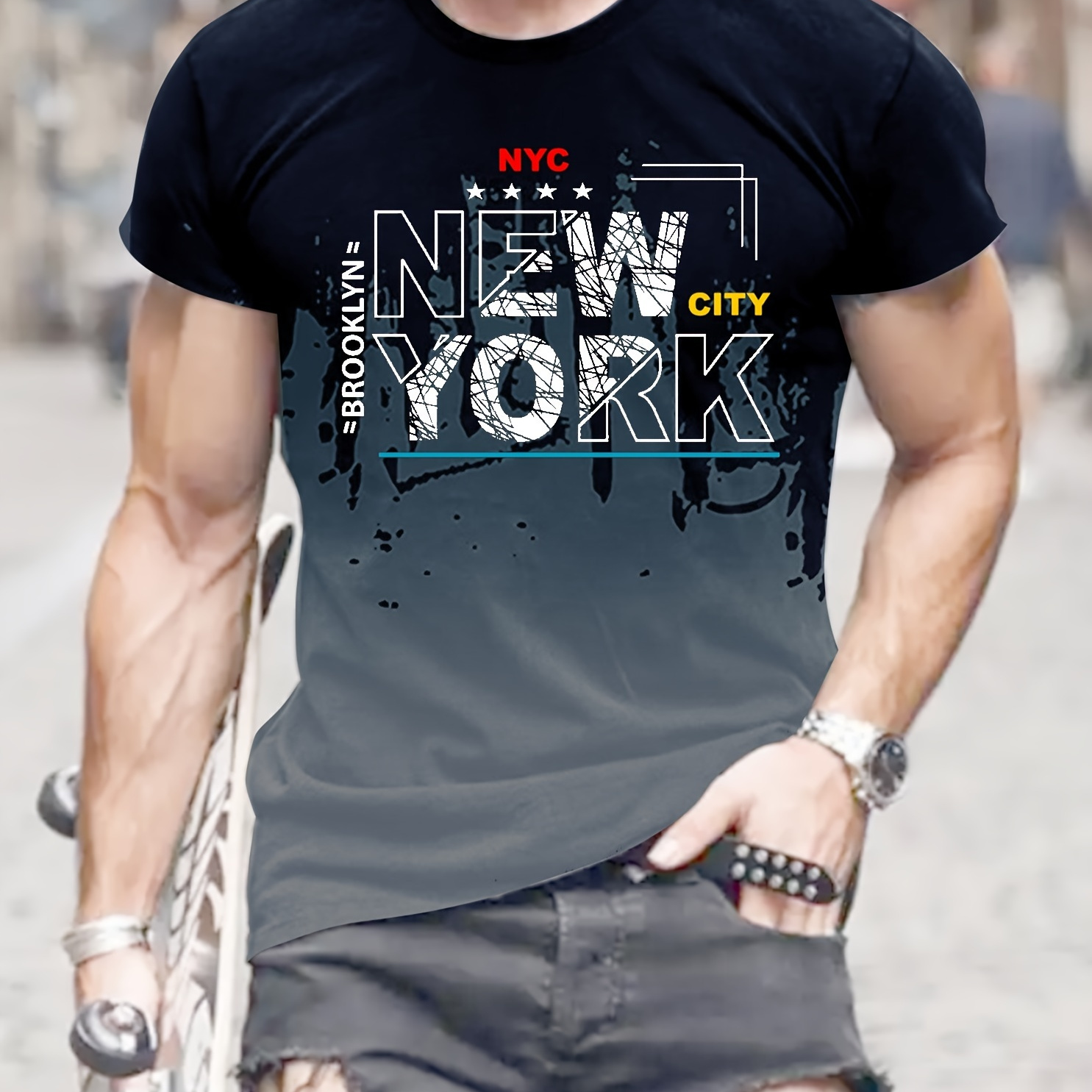

New York Alphabet Print, Men's Gradient T-shirt, Casual Comfy Tees For Summer, Men's Clothing
