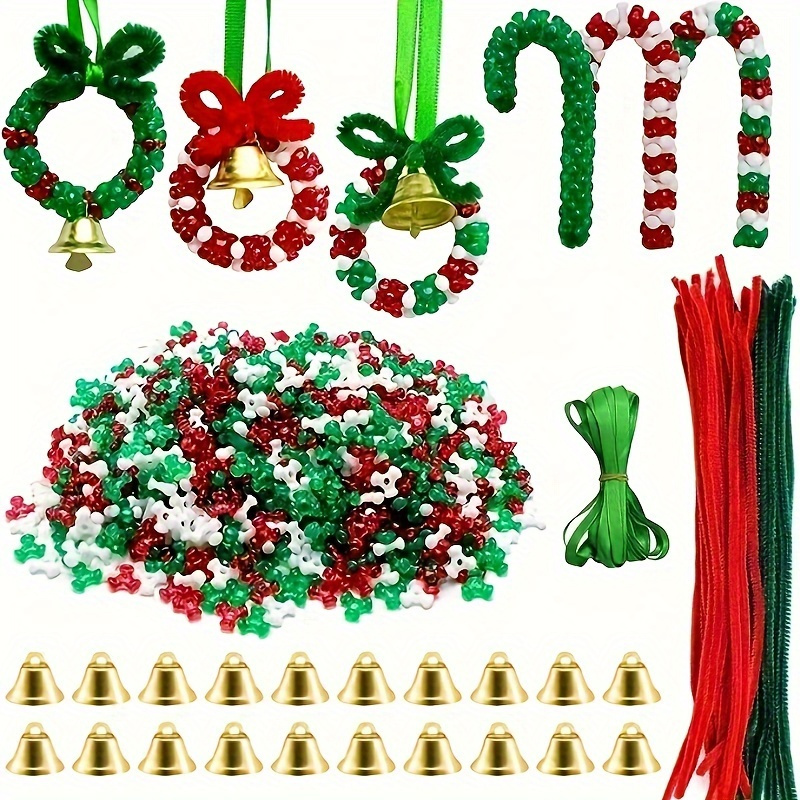 

300-piece Christmas Bead Kit - Diy Wreath & Tree Ornament Set With Jingle Bells, Classic Style Plastic Holiday Decorations For Home