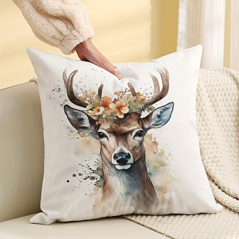 

Glam Style Deer Print Throw Pillow Cover With Zipper Closure, Machine Washable Polyester Cushion Case For Various Room Types, Floral Antler Design Home Decor Accent - 1 Piece