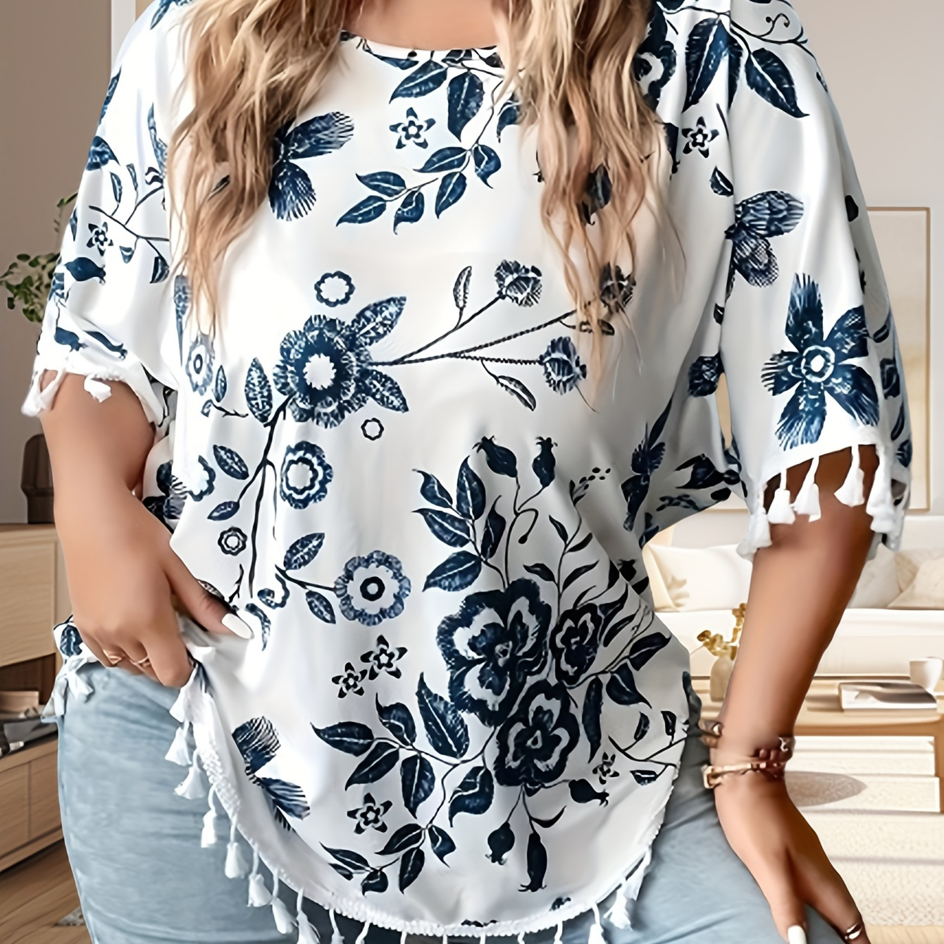 

Plus Size Floral Print Tassel Blouse, Casual Crew Neck Short Sleeve Blouse For Spring, Women's Plus Size clothing