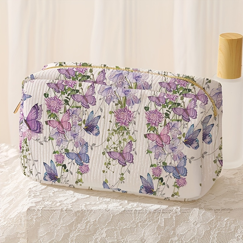 

Chic Purple Butterfly Corduroy Makeup Bag - Spacious Travel Cosmetic Organizer For Women, Non-waterproof Polyester