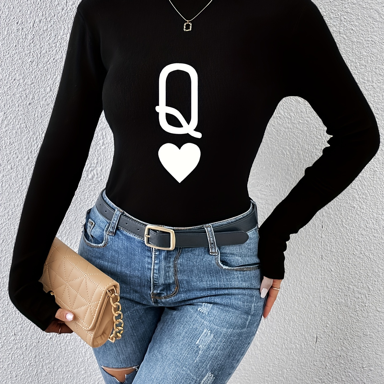

Print Long Sleeve Yoga Half Turtleneck Top, High Stretch Fashion Casual T-shirt For Fall And Winter, Women's Clothing