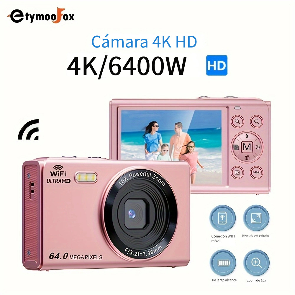 VideoCámara de video digital 4K Videocámara WiFi Grabadora DV 56MP 18X Zoom  digital Pantalla táctil IPS de 3.0 pulgadas Admite detección de rostros  Visión nocturna por infrarrojos Antivibración con 2 Andoer-2 Videocámara