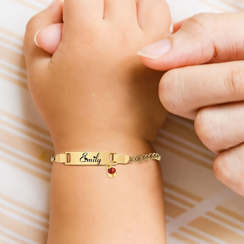 

1pc Atoztide Bracelet d'identification gravé sur mesure avec nom et date, pierre de de décembre pour enfants et bébés, acier inoxydable, pendentif strass , chaîne réglable, cadeau de bijoux