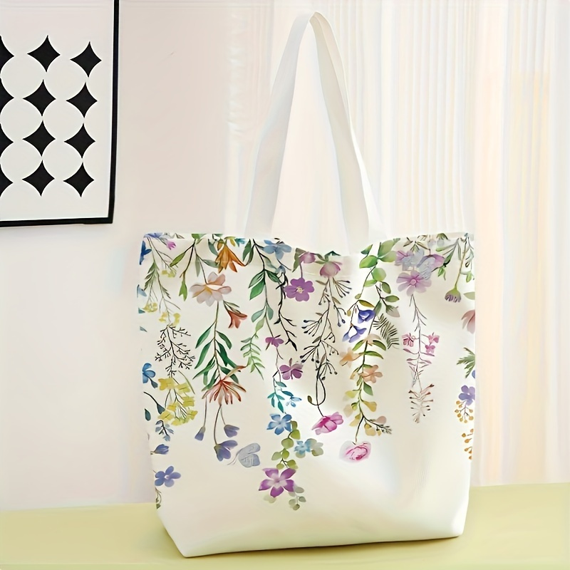 

Floral Tote Bag - Polyester, Snap Closure, Reusable Shoulder Shopping Bag With Fixed White Handles For Daily