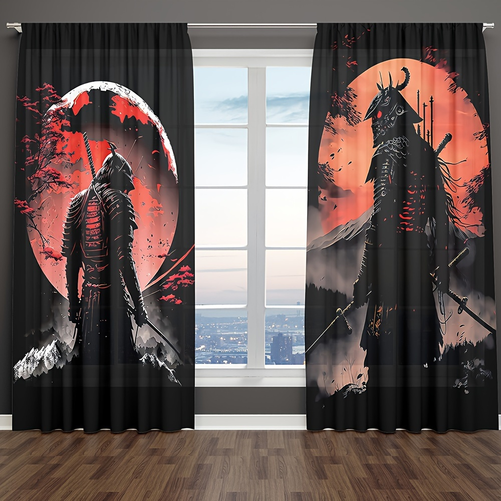 

2pcs Japanese Ink Painting Curtains - Rod Pocket, Semi-transparent Polyester, Perfect For Living Room, Kitchen, Bedroom & More - Machine Washable Home Decor