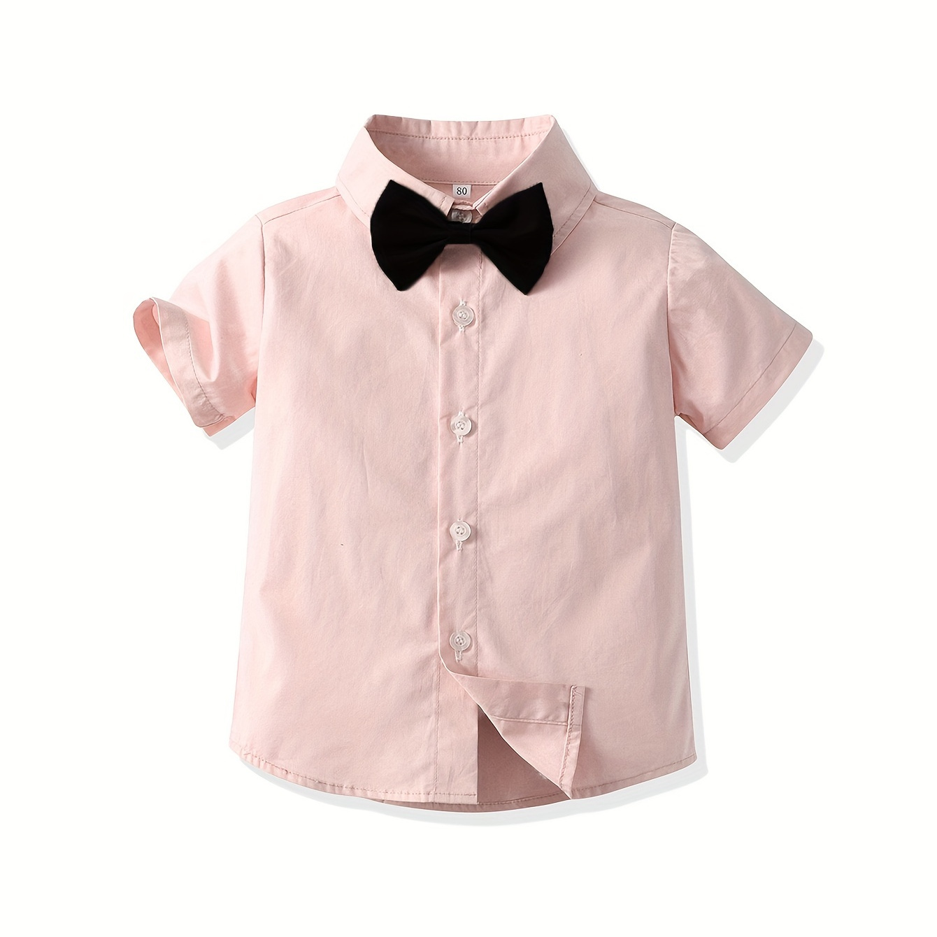 

Boy's Solid Cotton Gentleman Shirt With Bow Knot, Short Sleeve Front Button Classic Top Shirt For Party Wedding Formal Events