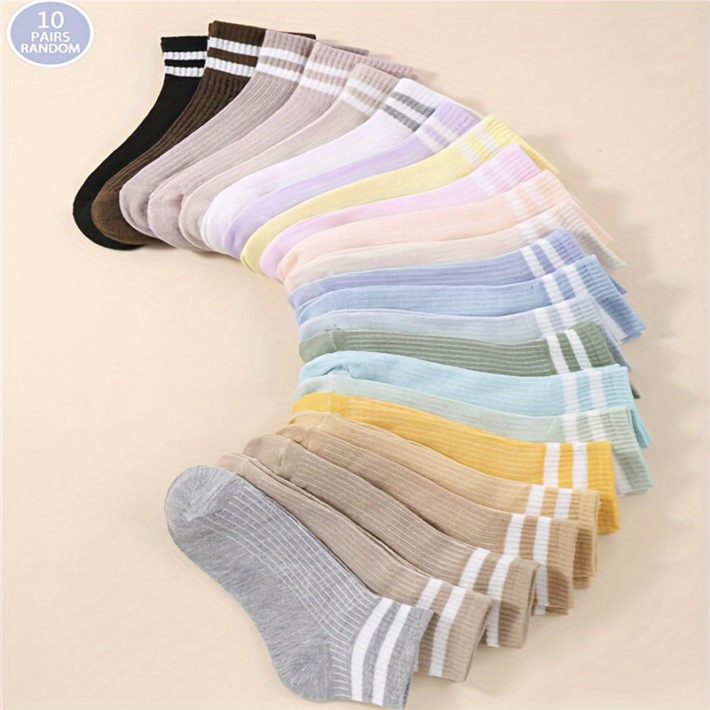 

10 Pairs Randomly Shipped Candy Color Socks, Comfy & Breathable Striped Short Socks, Women's Stockings & Hosiery