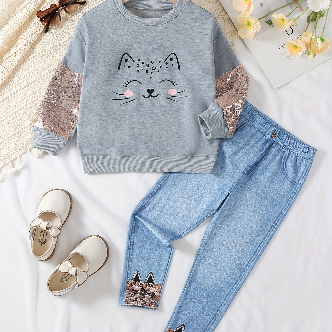 

2[cs Girls Trendy Cartoon Cat Design Sequin Outfits Pullover + Pants Set For Party Outdoor Spring Fall