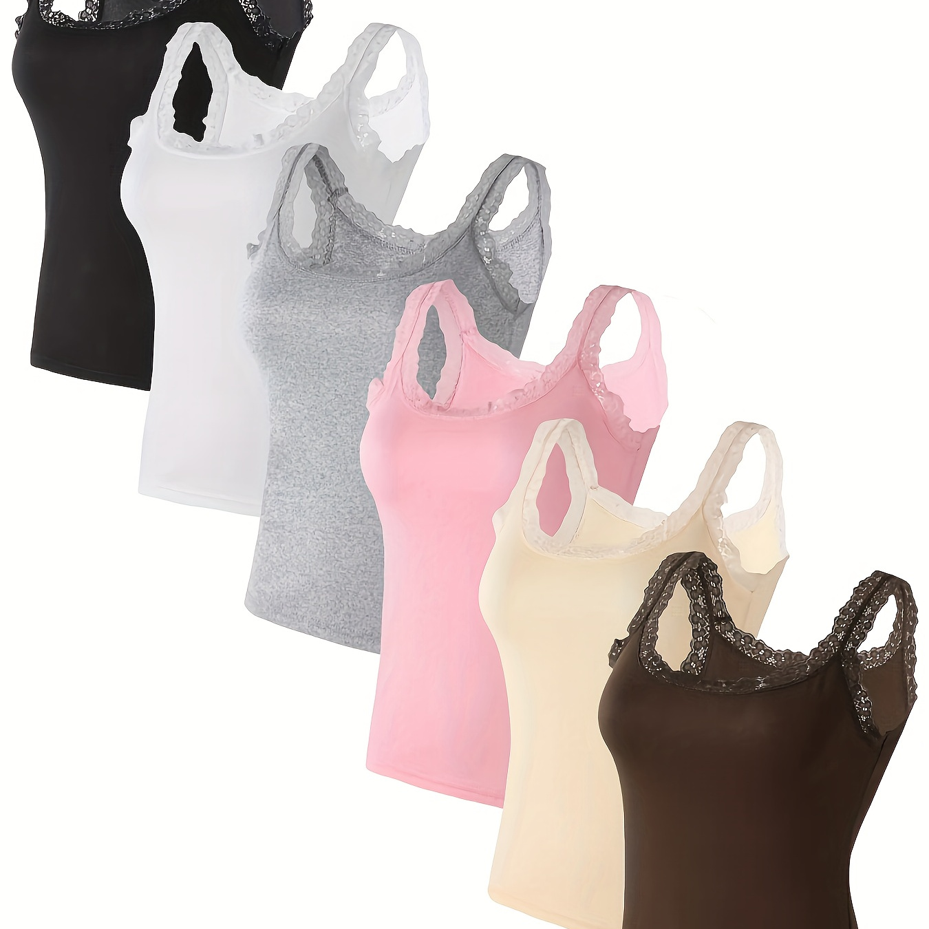 

6pcs Haut de Camisole en Dentelle Solide, Élégant et Confortable Col Rond Gilet Haut, Lingerie et Sous-vêtements pour Femmes pour et l'hiver