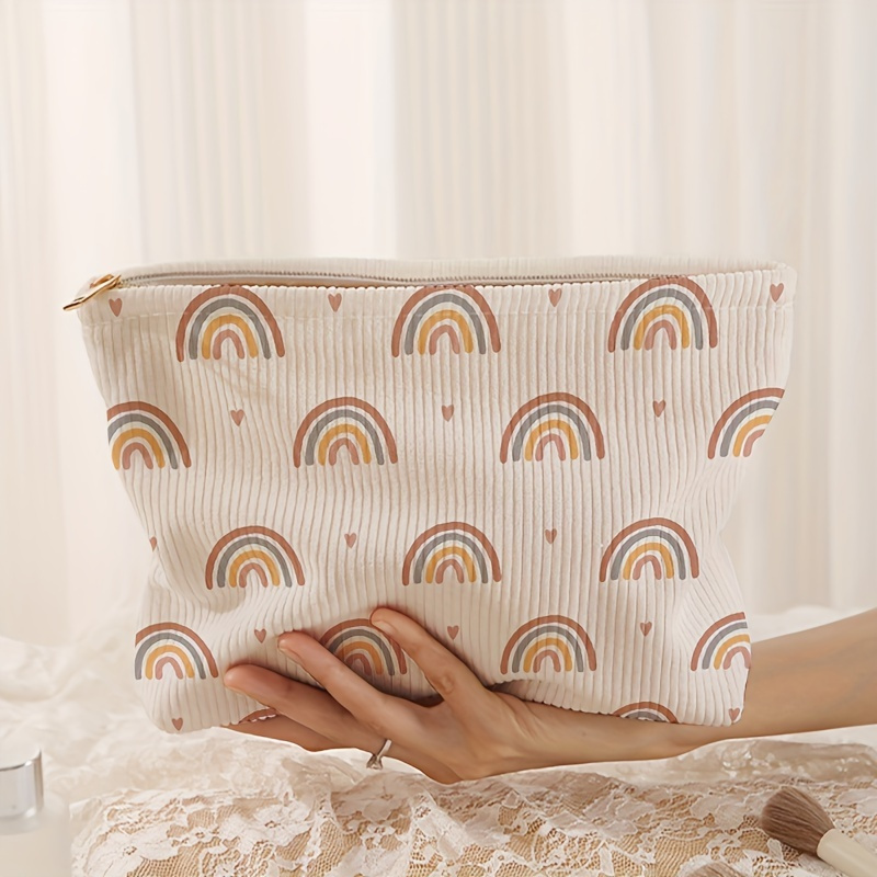 

Rainbow Print Corduroy Zipper Cosmetic Bag - Polyester, Non-, Unscented, Lined Multifunctional Makeup Pouch With Inner Pocket