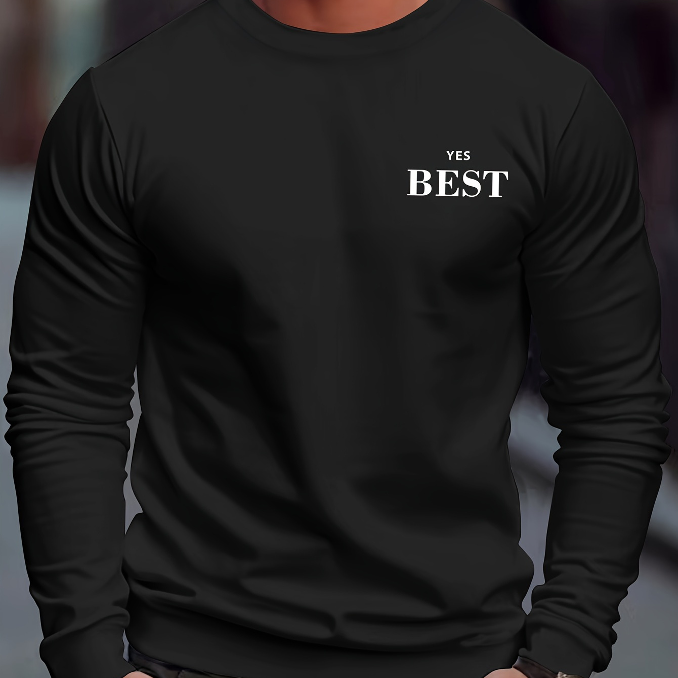

' Yes Boss ' Patter Print Crew Neck Sweatshirt Pullover For Men Solid Color Sweatshirts For Spring Fall Long Sleeve Tops