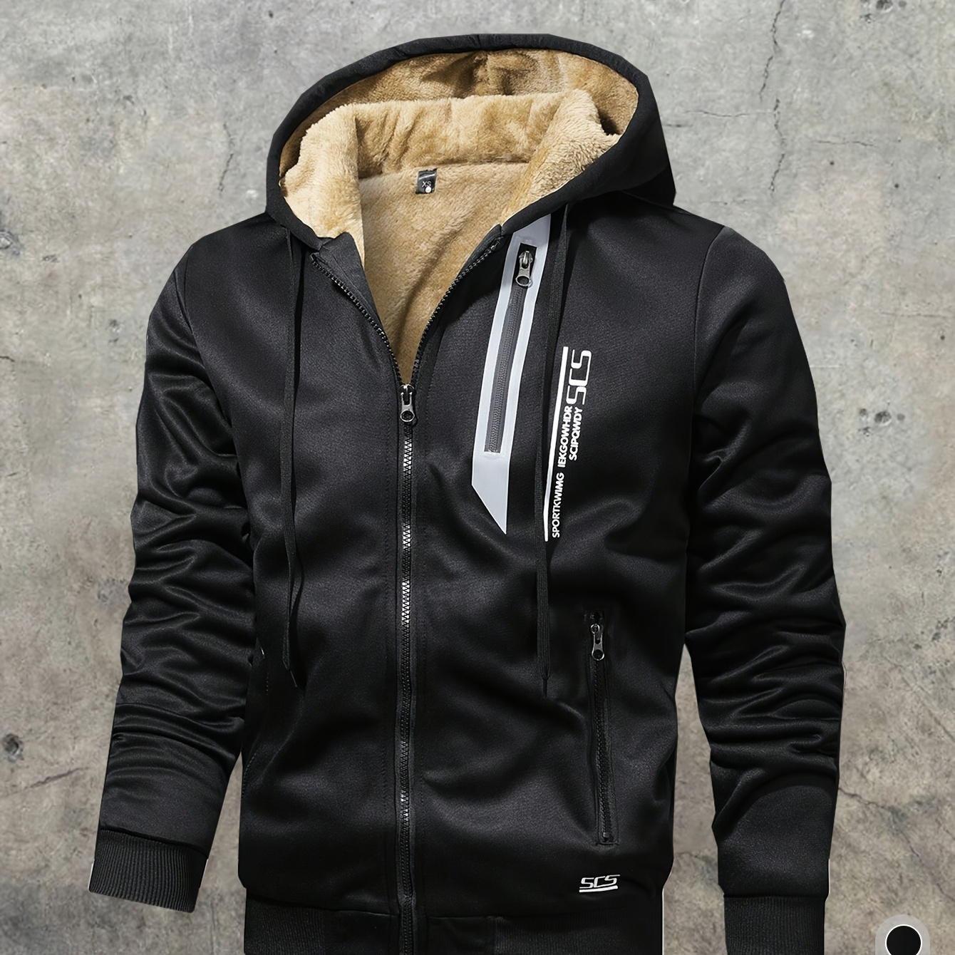 TEMU Men's Thick Fleece Cardigan With A Hood For Winter, Featuring Warm Print Letters