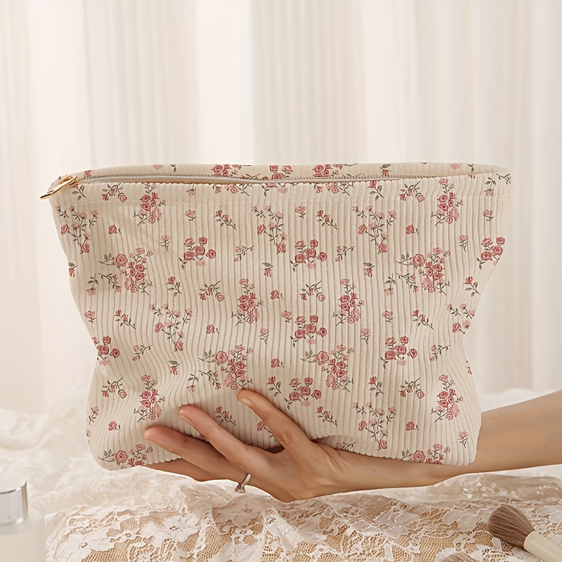 

Floral Pattern Corduroy Zipper Storage Bag, Lightweight Makeup Bag, Multi-functional Toiletry Bag With Liner