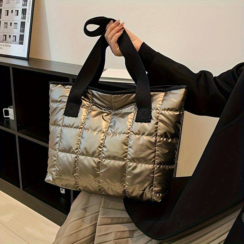 

Large Capacity Padded Tote Bag, Quilted Plaid Pattern Shoulder Bag, Textured Storage Commuting Handbag