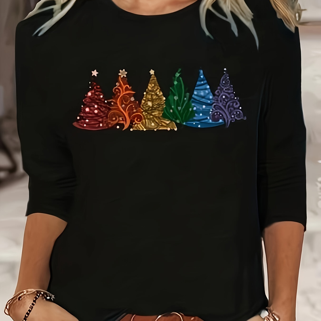 

Plus Size Christmas Tree Print T-shirt, Casual Crew Neck Long Sleeve Top, Women's Plus Size Clothing