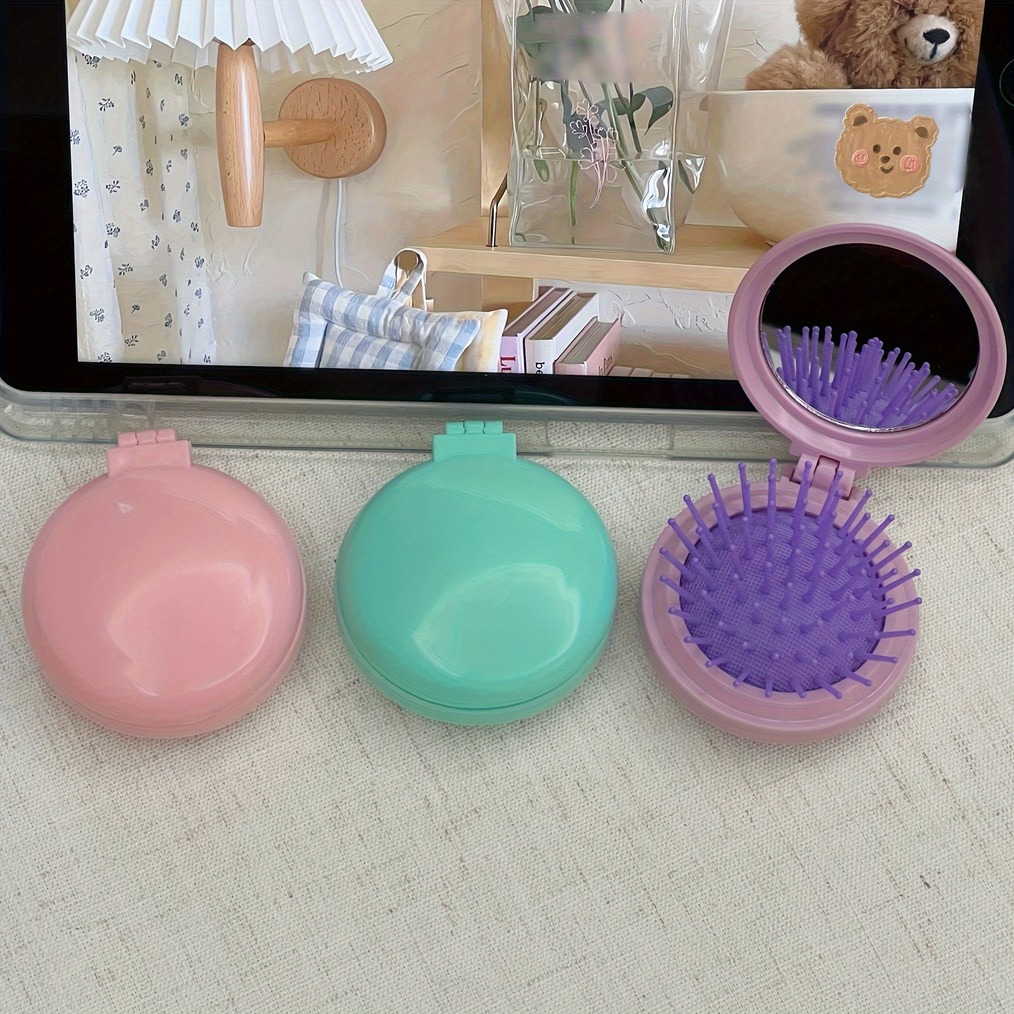 

1pc Mini Macaron Portable Foldable Hair Brush With Makeup Mirror For Women, Dual-use, Styling, , Cute Folding Comb For All Hair Types, Massage , Purple