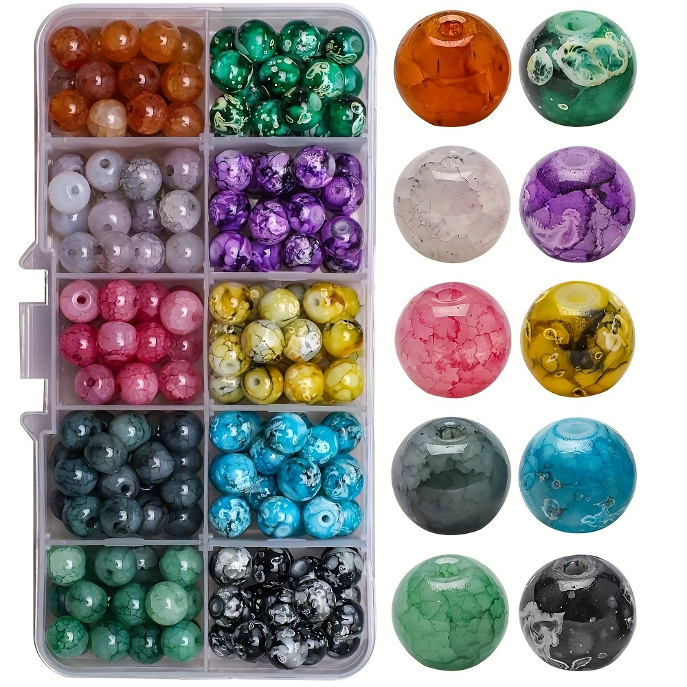 

200pcs Round Beads Set 10 Different Colors Of Crushed Jade Snowflake Stone Boxed 8mm For Diy Jewelry Making, Self-designed Bangles, Necklaces, Earrings And Handmade Crafts