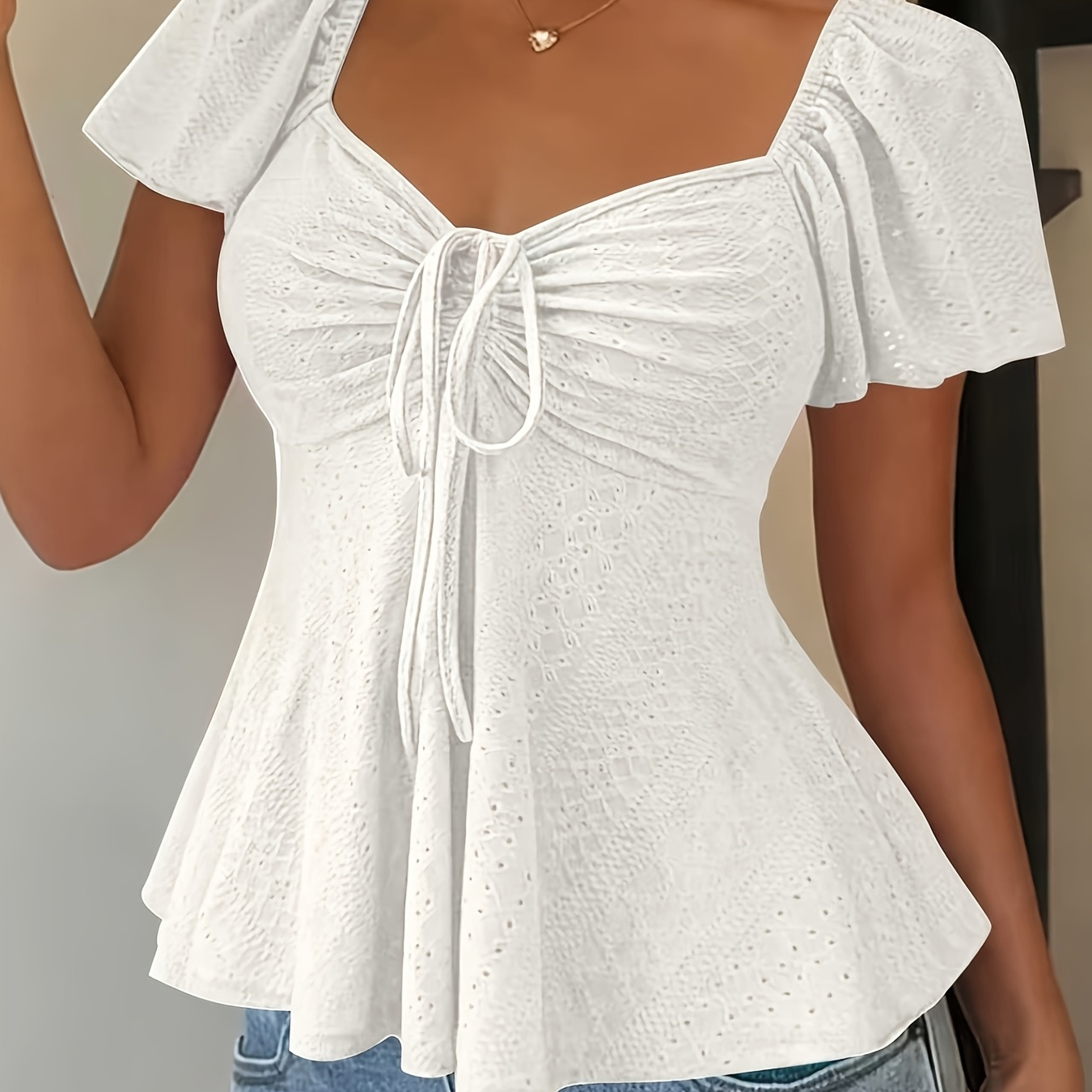 Fashionable and Elegant Spring/Summer New Arrival Y2K Solid Color Jacquard Comfortable and Breathable V-Neck Drawstring Short Sleeve Top Women's T-Shirt