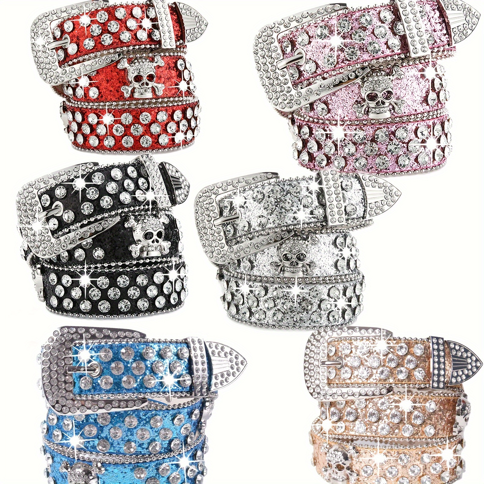 

Skull Rivet Rhinestone Bb Belts Trendy Solid Color Sparkling Pu Leather Belt Cowboy Cowgirl Jeans Pants Belt For Women Daily Uses