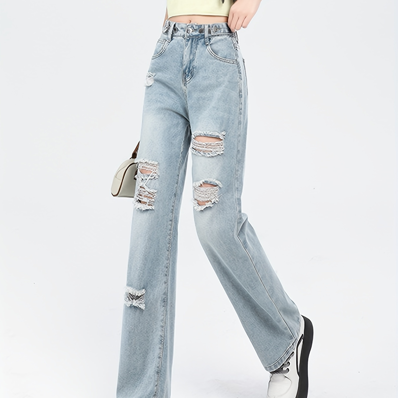 

Ripped Plain Straight Leg Jeans, Washed Blue Distressed High Rise Denim Pants, Women's Denim Jeans & Clothing
