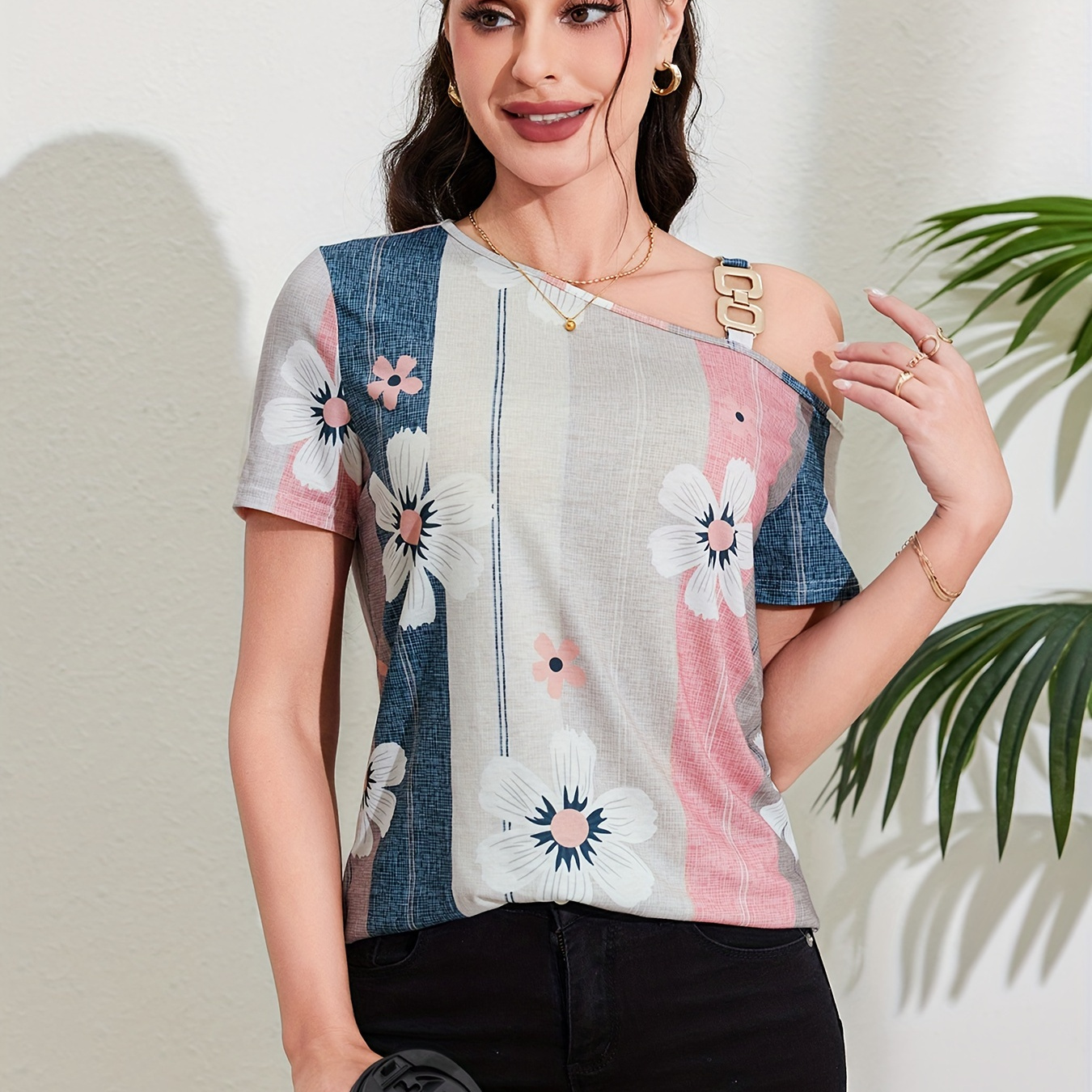 

Flower & Stripe Print Cold Shoulder T-shirt, Casual Chain Detail Short Sleeve Top For Spring & Summer, Women's Clothing