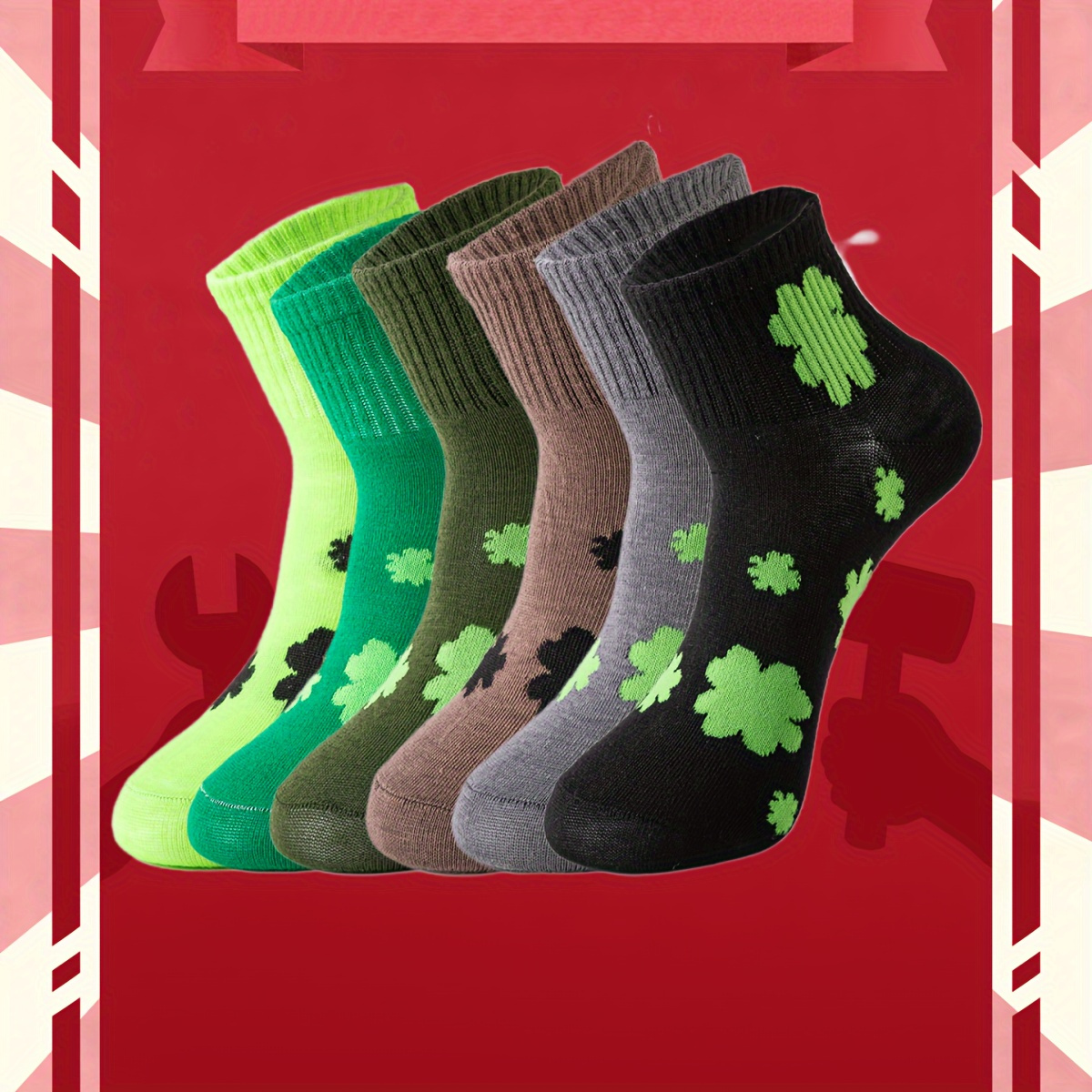 

6 Pairs Clover Print Socks, Soft & Comfy St. Patrick's Day Ankle Socks, Women's Stockings & Hosiery