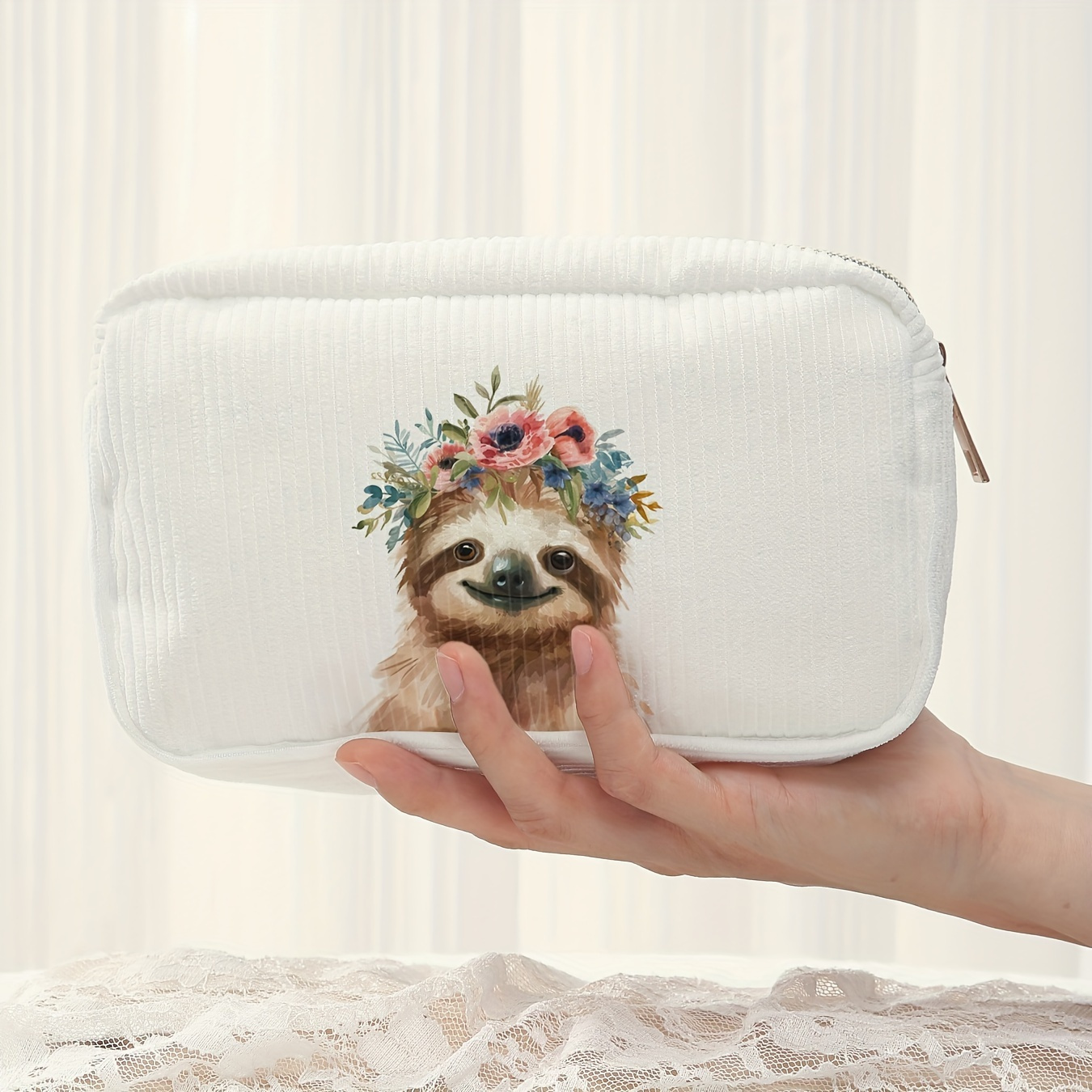 

Sloth Print Polyester Cosmetic Bag, Non-, Unscented, Corduroy Fabric Makeup Pouch For Women, Travel Toiletry Organizer With Zipper, Fashionable Cute Printed Vanity Case For Lipstick And Brushes