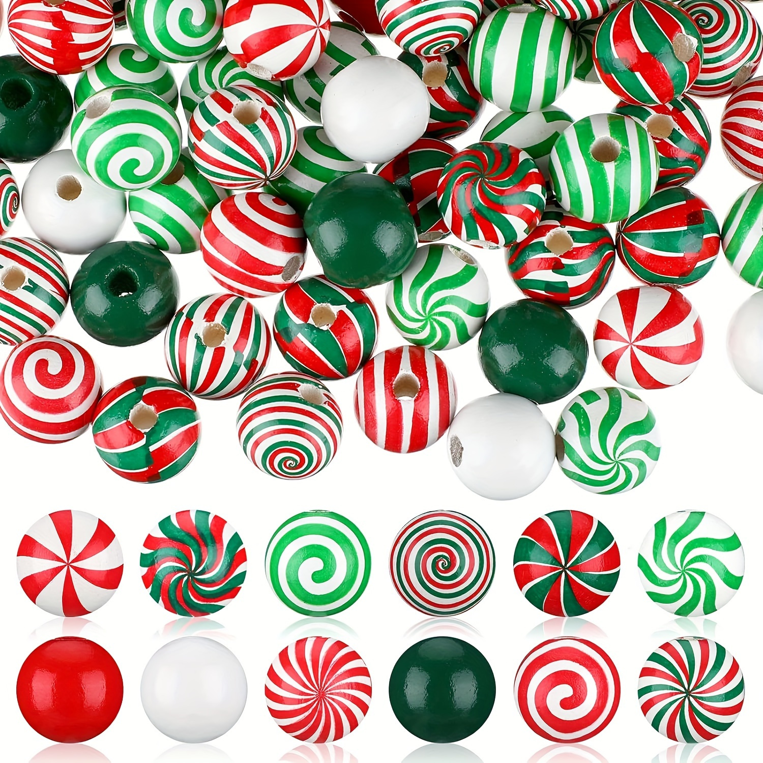 

110-piece Christmas Wooden Beads Set - Red, Green & White Candy Cane Design For Diy Jewelry, Wreaths, Tree Decorations & Holiday Crafts