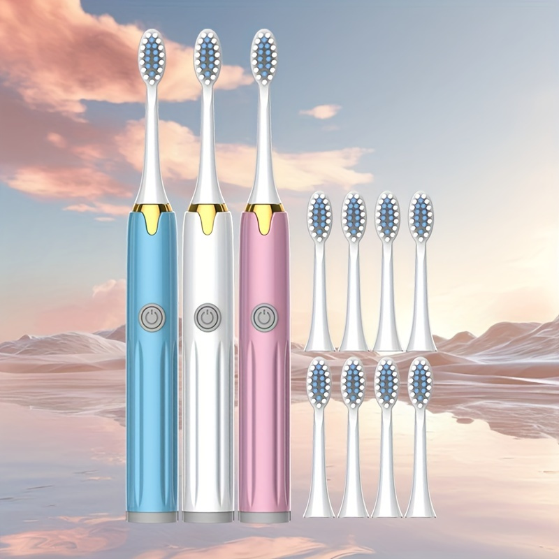 

Electric Toothbrush - White And Blue (with 9 Brush Heads) High-value New Battery Model Ultra-soft Bristles Replaceable Brush Heads