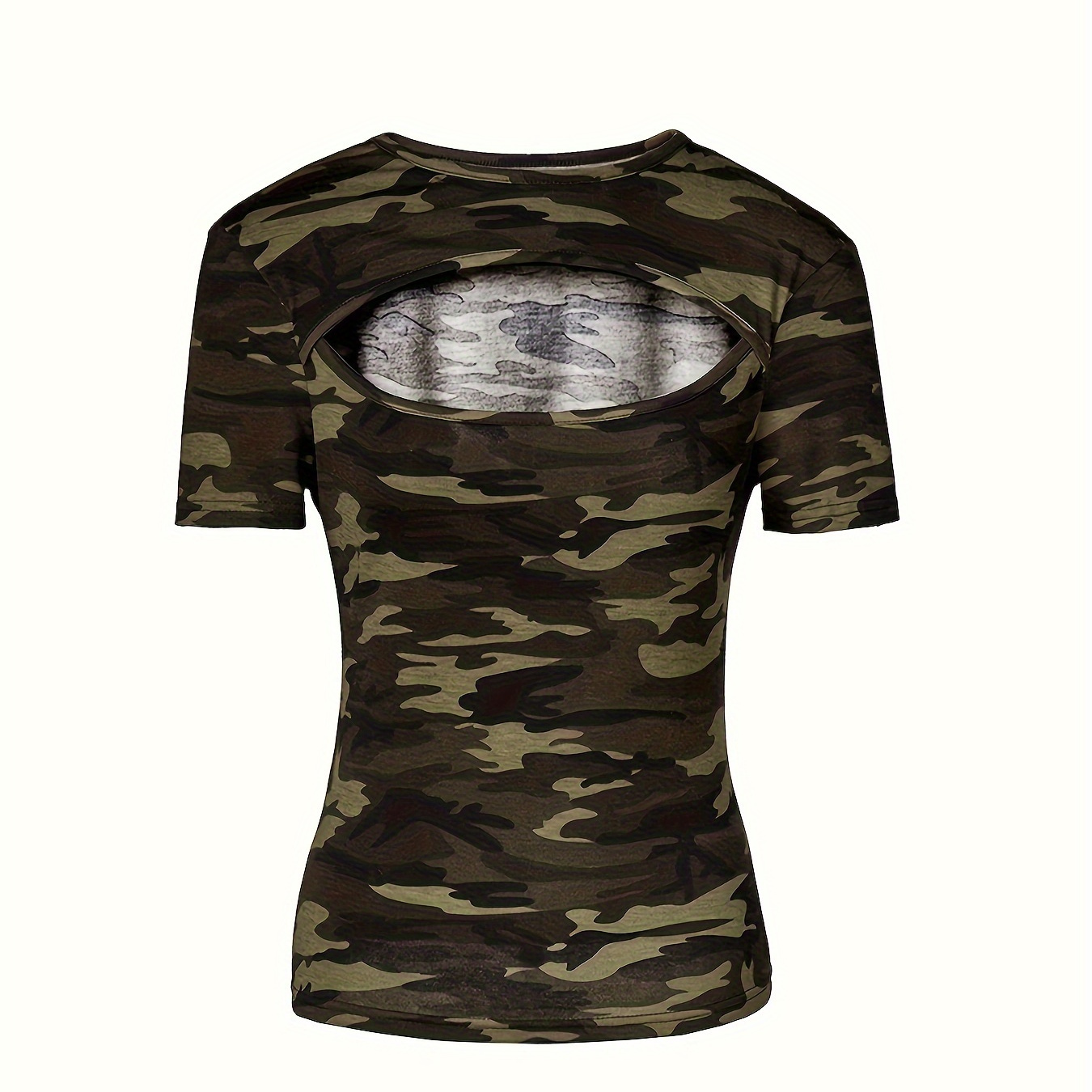 

Camo Print Crew Neck T-shirt, Casual Short Sleeve Cut Out Crop Top For Spring & Summer, Women's Clothing