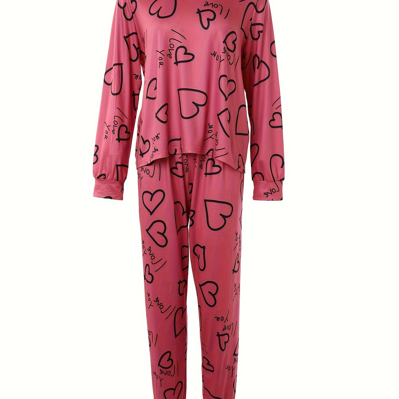 

Heart Print Pajama Set, Long Sleeve Crew Neck Top & Elastic Waistband Pants, Women's Sleepwear & Loungewear