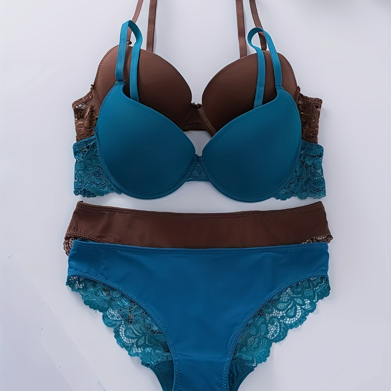 

Women's Sexy Lingerie Set - Adjustable Push-up Bra With Lace Detailing & Matching High-support Panties, Non-padded, Nylon/elastane , Teal And Brown, Bra And Panty Set