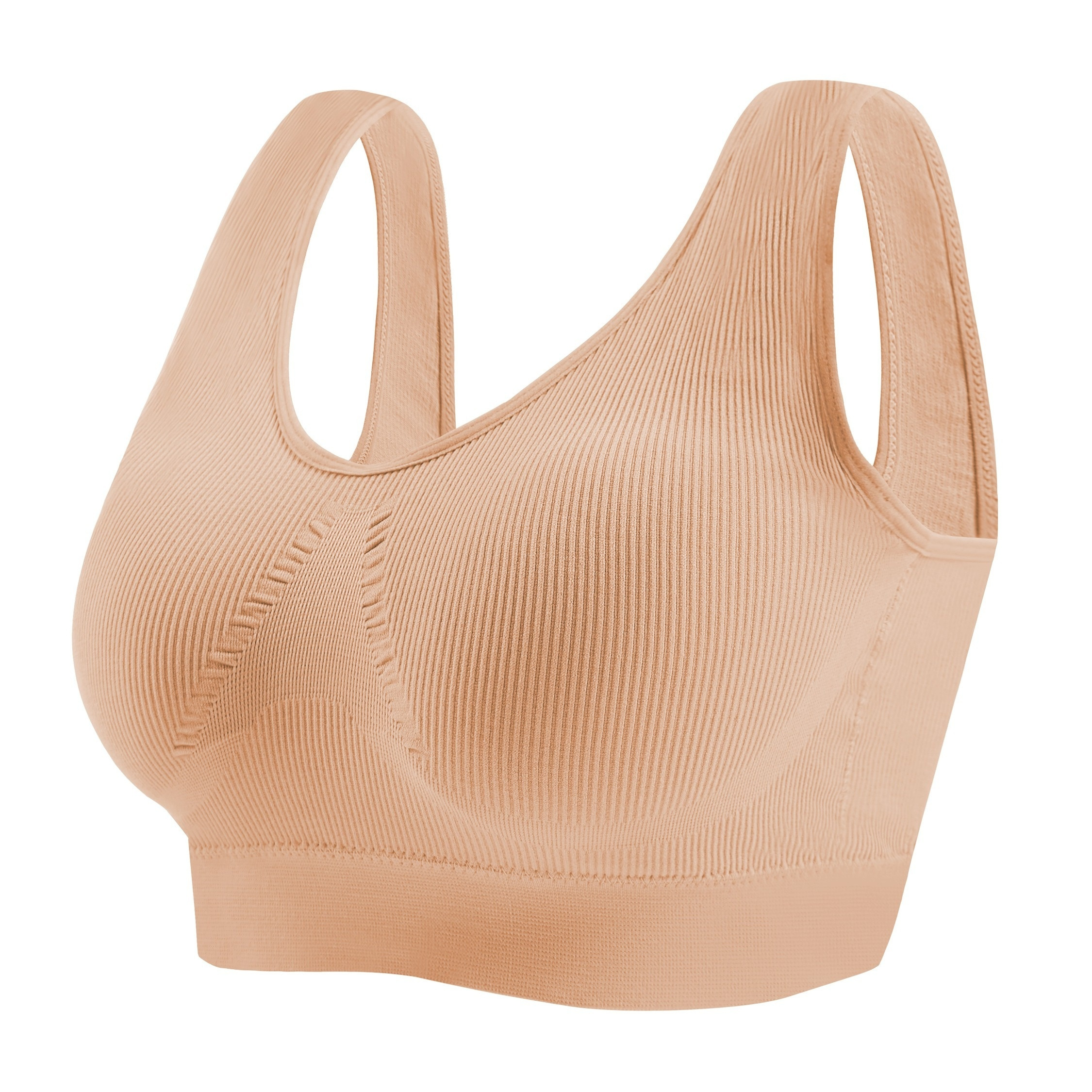 

Plus Size Solid Ribbed Full Coverage Seamless Bra, Women's Plus High Stretch Round Neck Sports Bra