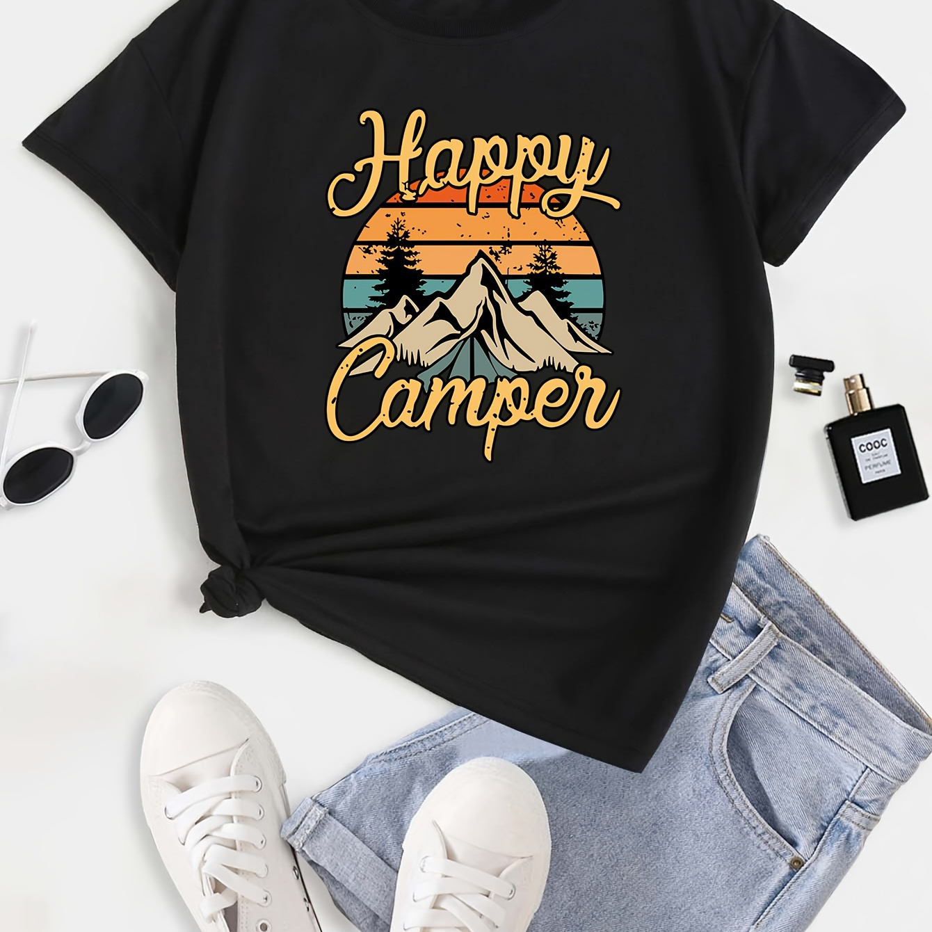

Plus Size Casual T-shirt, Women's Plus Mountain & Letter Graphic Short Sleeve Crew Neck Slight Stretch Tee