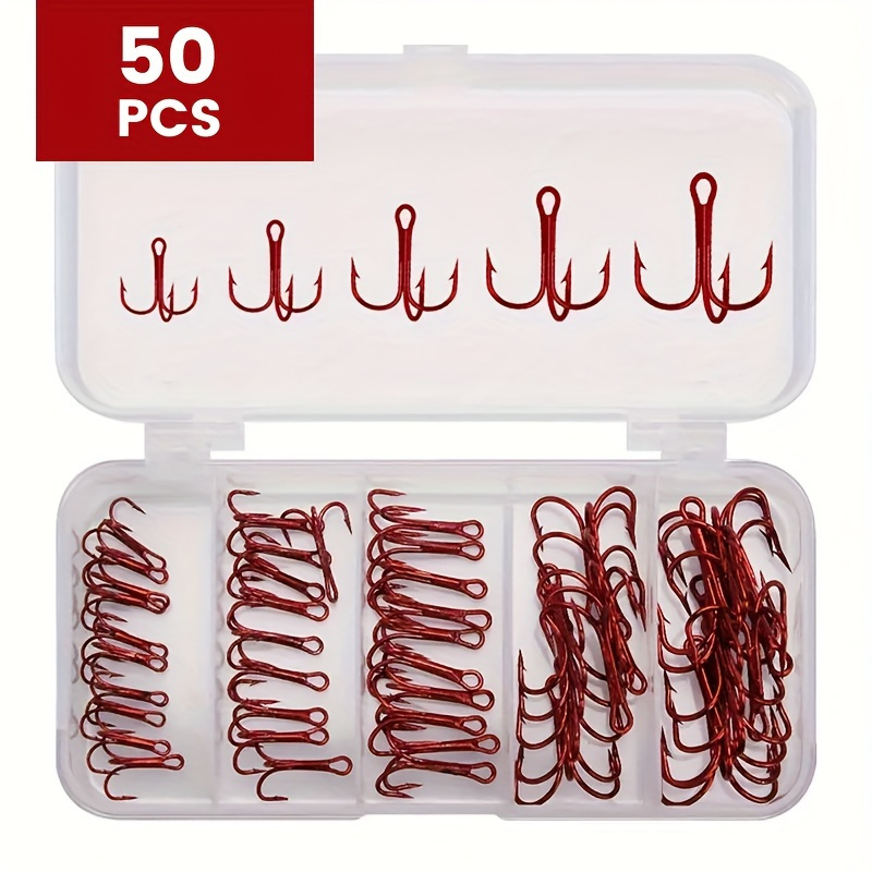 

Kit de 50 crochets en acier au carbone treble, crochets de pêche ronds et tranchants en carbone de haute qualité pour leurres et appâts, pêche en eau salée et eau douce