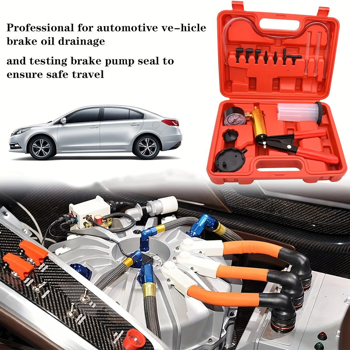 

1pc 2-in-1 Brake Bleeder Kit Handheld Vacuum Pump Test Kit, Tester Tool, Suitable For Cars With Protective Cover, Adapter, Single Bleed System