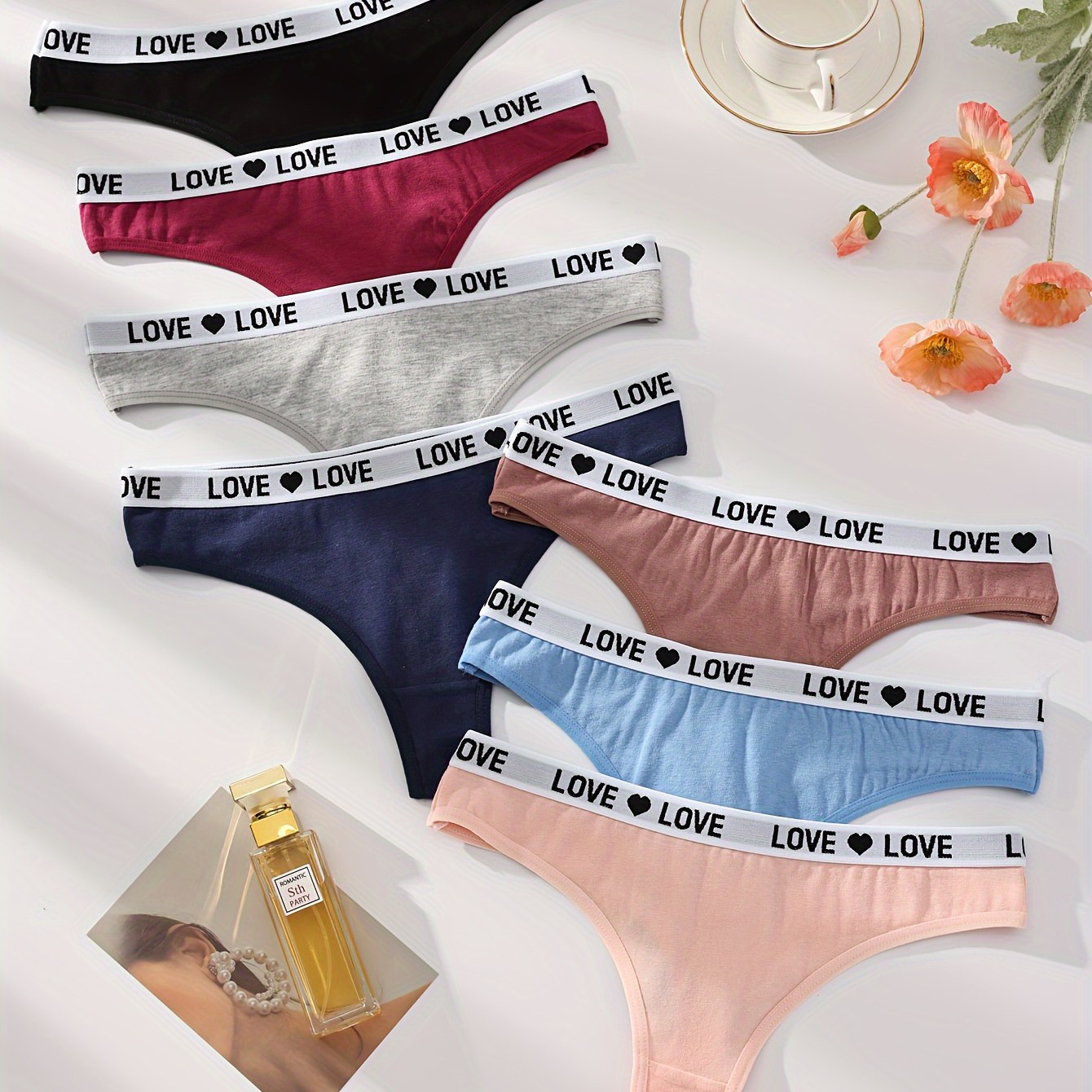 

7pcs Letter Print Contrast Trim Seamless Thongs, Sexy Comfy Breathable Stretchy Intimates Panties, Women's Lingerie & Underwear