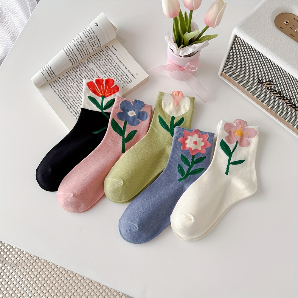 

5 Pairs Floral Print Socks, Comfy & Cute Mid Tube Socks, Women's Stockings & Hosiery