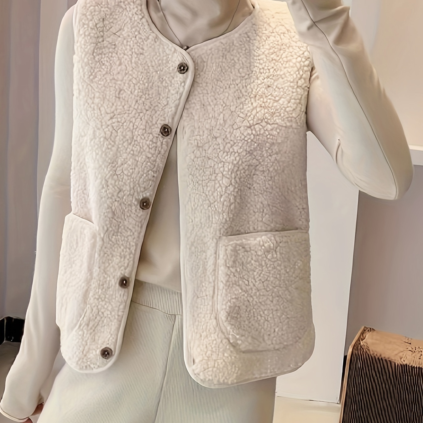 

Gilet décontracté en , mélange de , col, , détail boutonné, légèrement extensible, unie, , tissu tricoté, ourlet fendu la /hiver