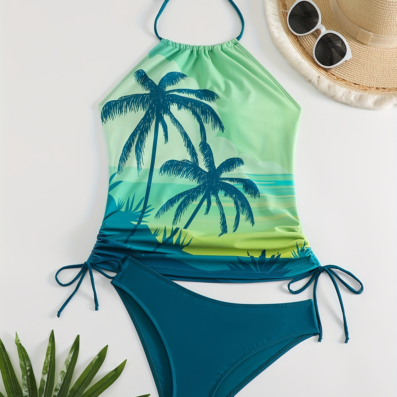 

Coconut Tree Ombre Halter 2 Piece Set Tankini, Drawstring Tie Neck Backless Tummy Control Stretchy Swimsuit For Beach Pool Bathing, Women's Swimwear & Clothing