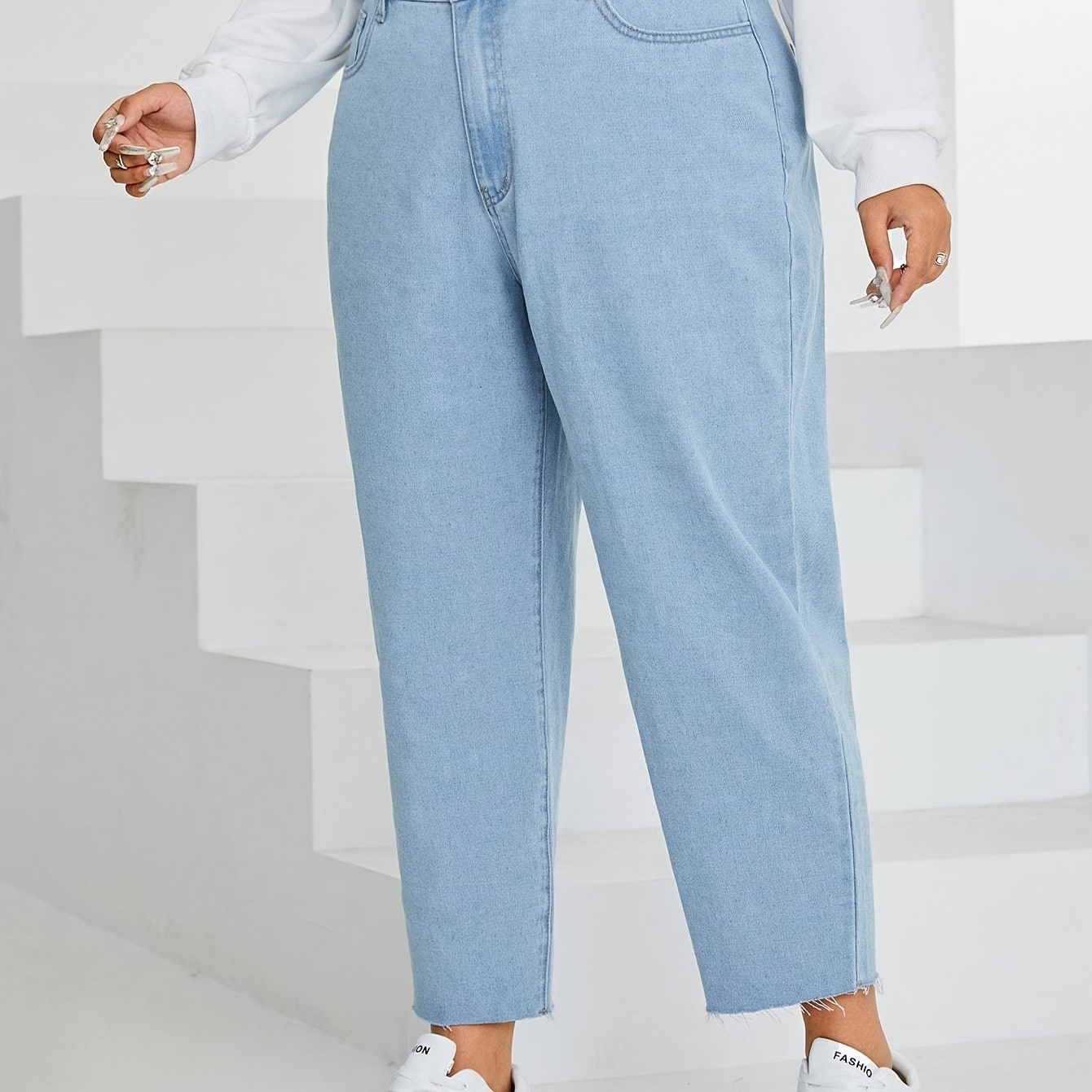 

High-waisted Loose Wide-leg Light Blue Denim , Casual Style Elastic Waist Pants For Women