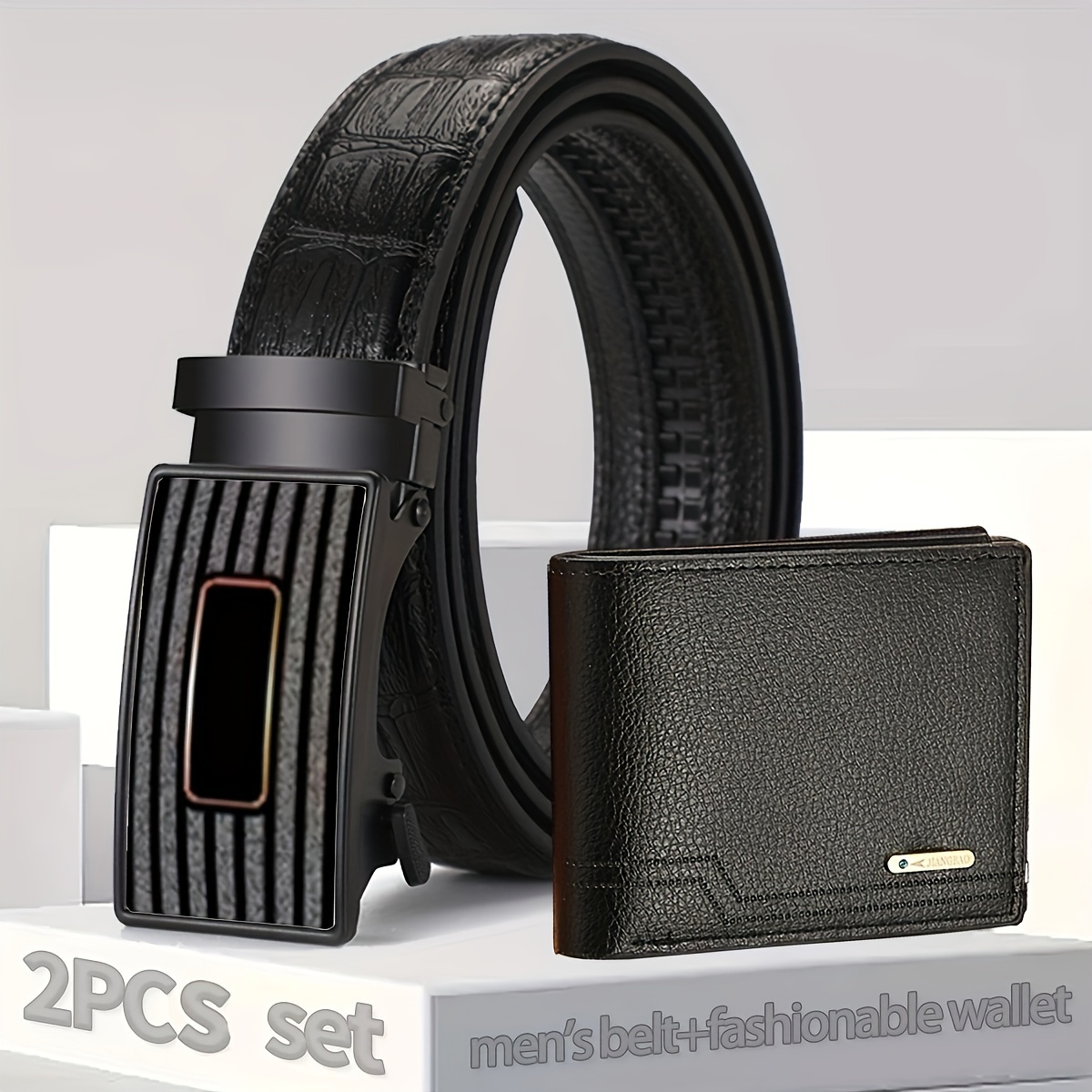 

2pcs Men's Pu Leather Belt + Wallet Set, Automatic Buckle Belt For Boyfriend Dad Brother, Halloween Birthday Gift, Business Fashion Pants Belt (length Can Be Cut)