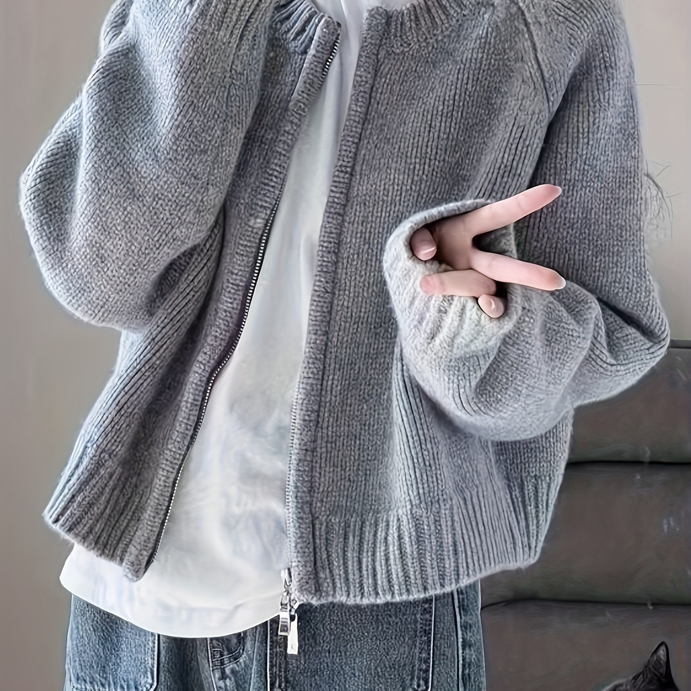 

Women's Zip-up Cardigan - Casual Loose Fit, Round Neck, Long Sleeve, High Stretch Polyester Knit Sweater Jacket For Fall/winter, Knit Cardigan