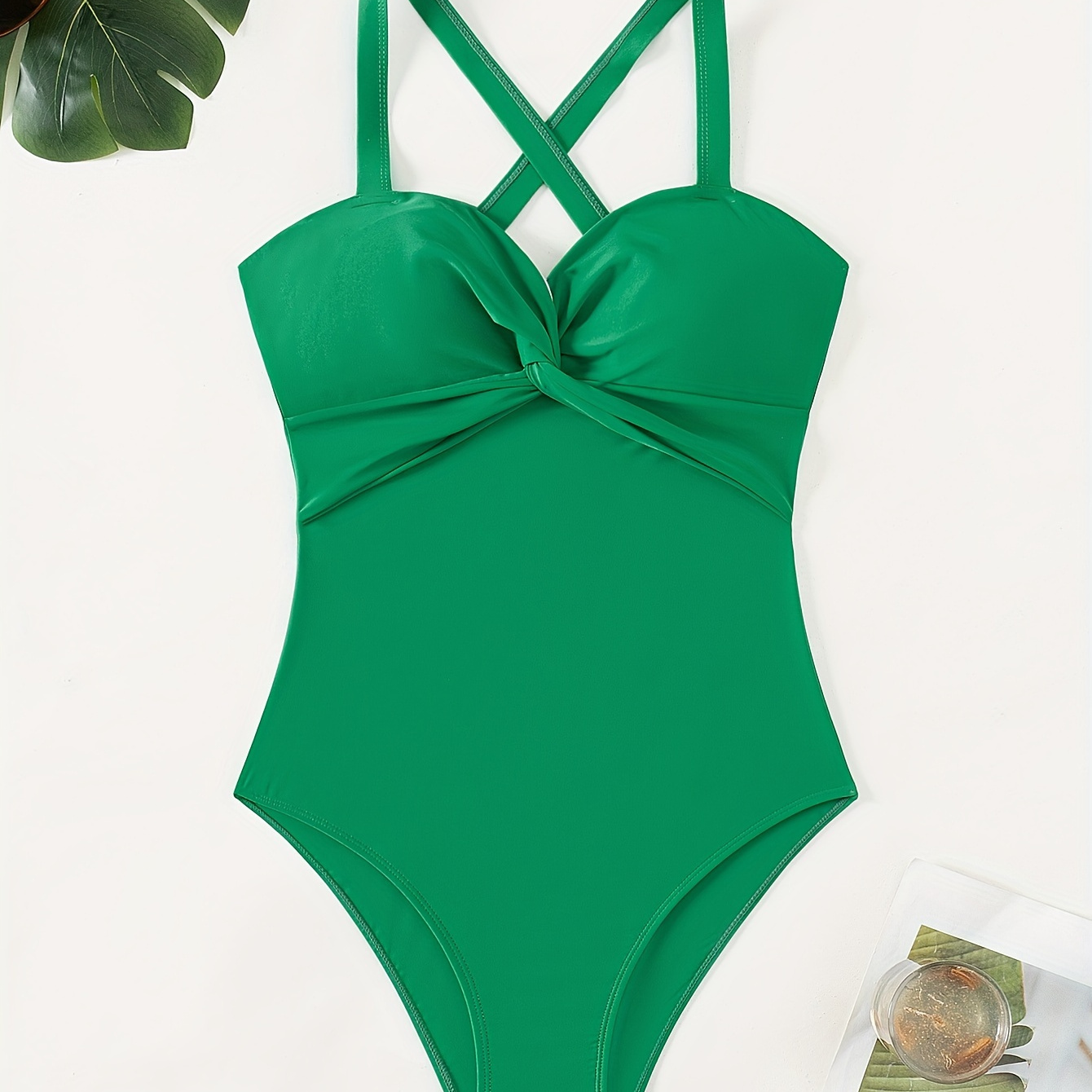 

Solid Color V Neck 1 Piece Swimsuit, Twisted Tummy Control High Cut Bathing Suit, Women's Swimwear & Clothing